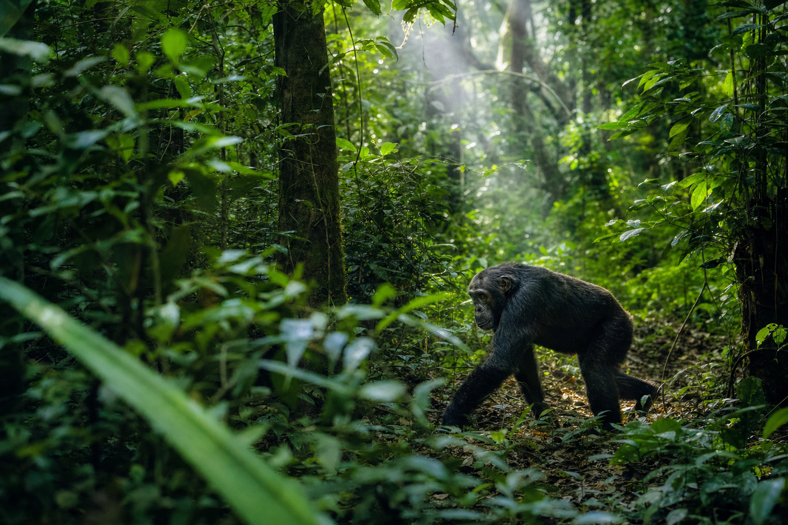 Chimpanzee looking through the foliage in Kibale Forest